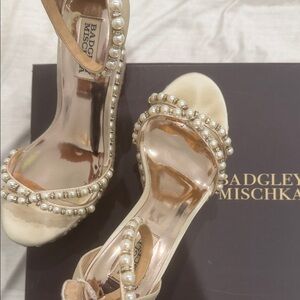 Badgley Mischka Pearl-Trimmed Cream Satin platforms